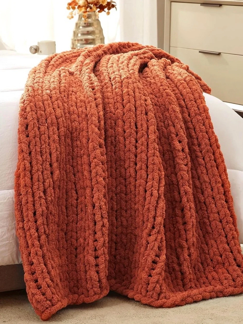 Chunky Knit Chenille Crochet Throw Blanket - Rust Orange